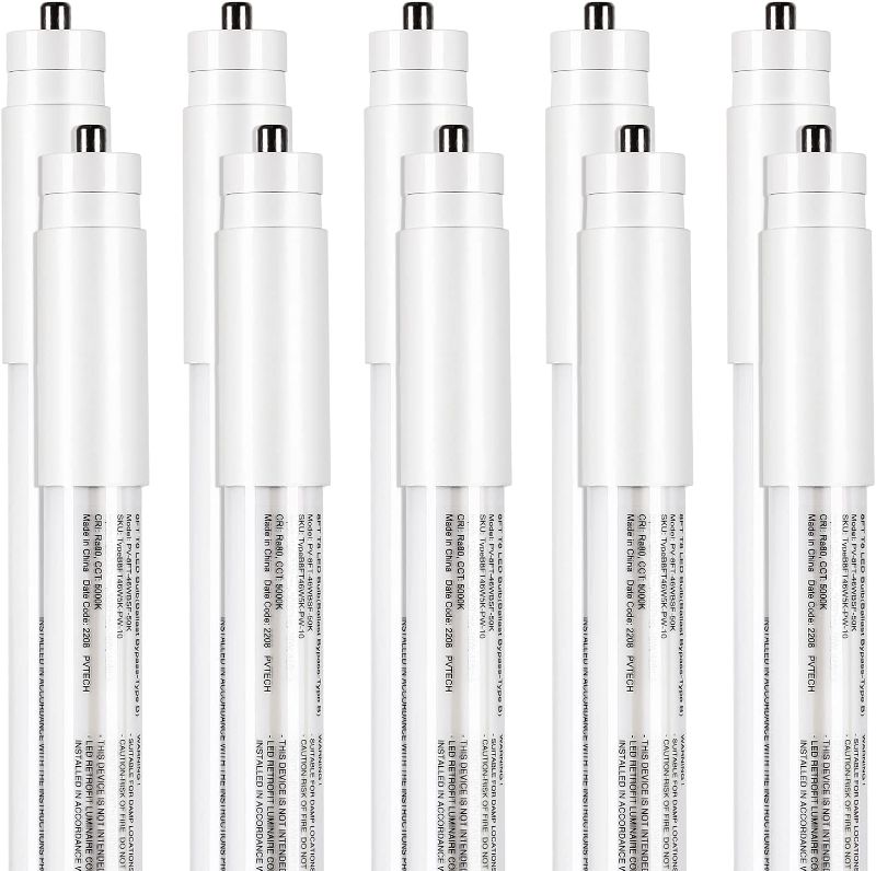 Photo 1 of 8 Foot LED Bulbs, 46W, 5500lm, 5000K, T8 T10 T12 LED Tube Lights, Dual-Ended Ballast Bypass 8FT LED Bulbs (Use Two 4FT), FA8 Single Pin, Frosted Lens, Fluorescent Replacement, UL, FCC, NSF, 10 Pack