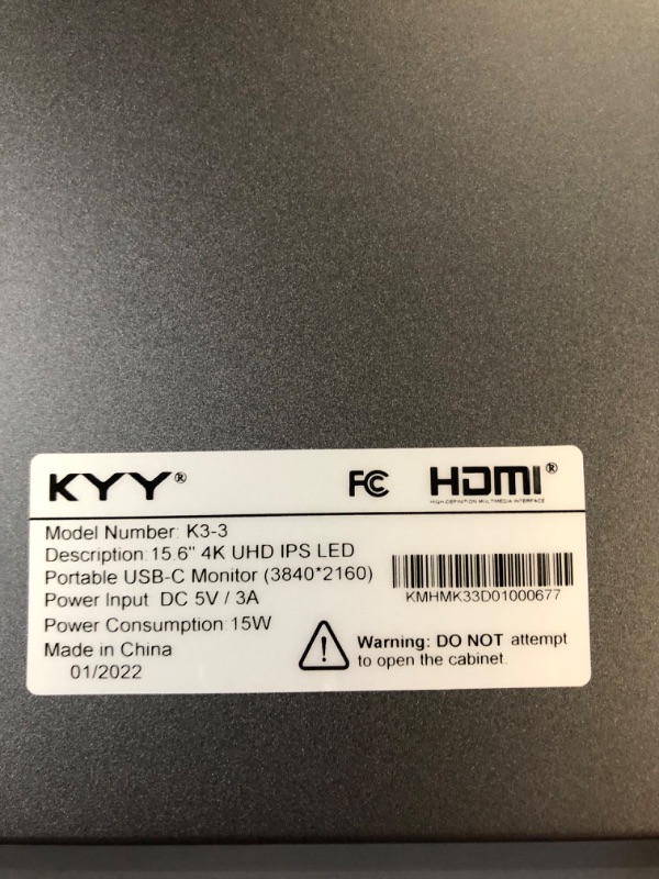 Photo 2 of **USED/SEE NOTES** KYY 4K Portable Monitor 15.6'' 3840x2160 UHD USB-C Monitor, 100% Adobe RGB, 400cd/? Grey