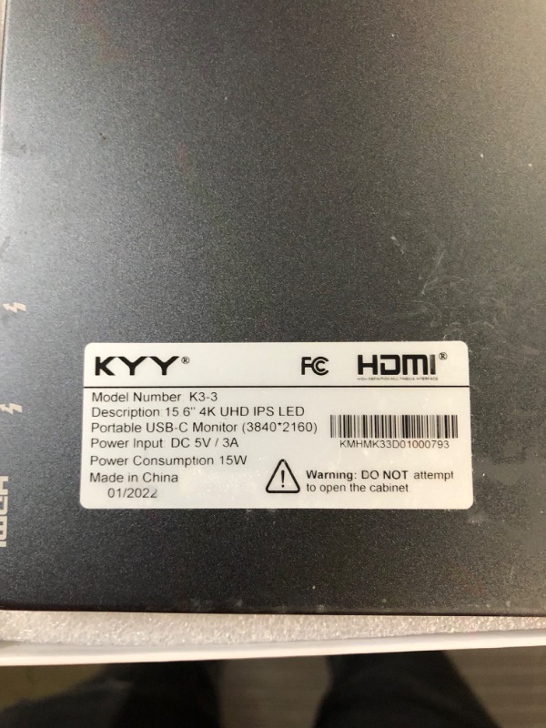 Photo 2 of **DIRTY AND MISSING CHARGER**
KYY 4K Portable Monitor 15.6'' 3840x2160 UHD USB-C Monitor, 100% Adobe RGB, 400cd/? Grey