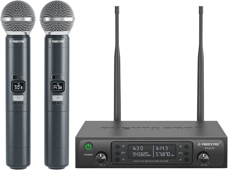 Photo 1 of Phenyx Pro Wireless Microphone System, Dual Wireless Mics, w/ 2 Handheld Dynamic Microphones, 2x100 Adjustable UHF Channels, Auto Scan, 328ft Range 11.81 x 17.72 x 3.15 inches
