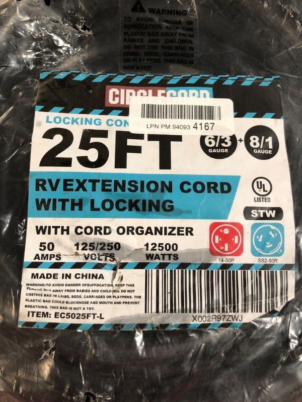 Photo 4 of CircleCord UL Listed 50 Amp 25 Feet RV/Generator Cord with Locking Connector, Heavy Duty 6/3+8/1 Gauge STW Wire, 18.78 x 17.72 x 6.85 inches
