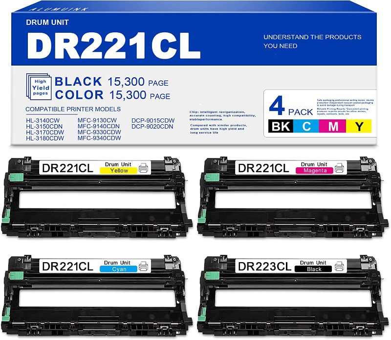 Photo 1 of DR221CL DR-221 ALUMUINK Compatible Drum Unit Replacement for Brother HL-3140CW 3150CDN 3170CDW 3180CDW MFC-9130CW 9140CDN 9330CDW 9340CDW DCP-9015CDW 9020CDN (4 Pack,1BK+1C+1M+1Y)