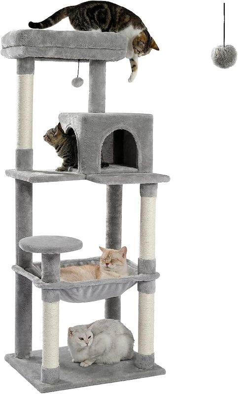 Photo 1 of **USED/SEE NOTES** PETEPELA 56.3 Inches Cat Tree for Indoor Cats Multi-Level Cat Tower with Sisal Covered Scratching Posts, Cozy Condo, Super Large Hammock and Plush Perches Grey
