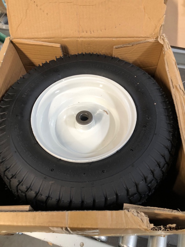 Photo 2 of (2-Pack) 16x6.50-8 Pneumatic Tires on Rim - Universal Fit Riding Mower and Yard Tractor Wheels - With Chevron Turf Treads - 3” Centered Hub and 3/4” Bushings - 615 lbs Max Weight Capacity