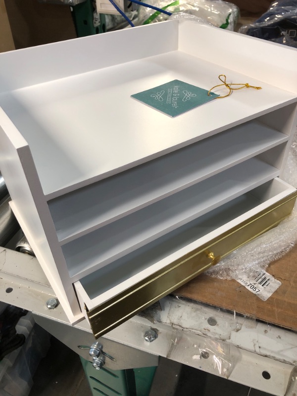 Photo 1 of Kate and Laurel Industrious Desktop Wood Letter Tray with 3 Trays and Drawer, White and Gold Gold/White