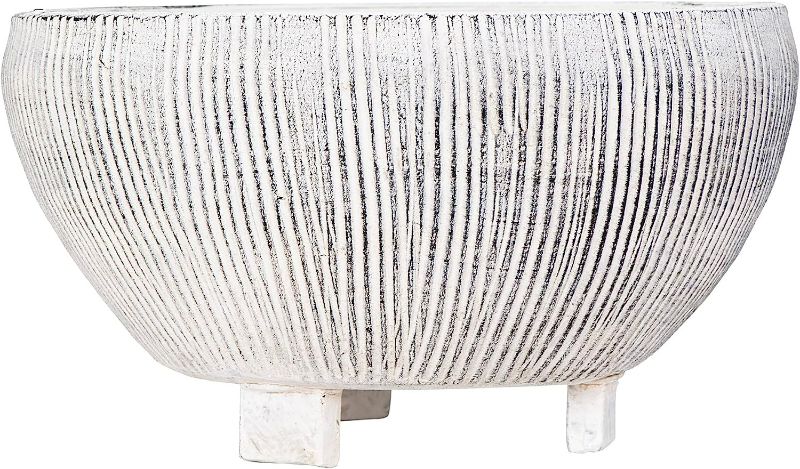 Photo 2 of Creative Co-Op Coastal Terracotta Footed Planter with Textured Stripes, Grey