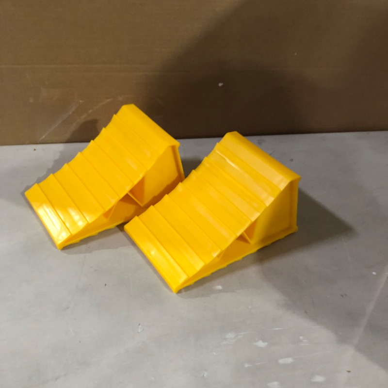 Photo 3 of Camco 44414 Wheel Chock Without Rope, Helps Keep Your Trailer RV In Place (Pack of 2) , Yellow 2 Pack Wheel Chock