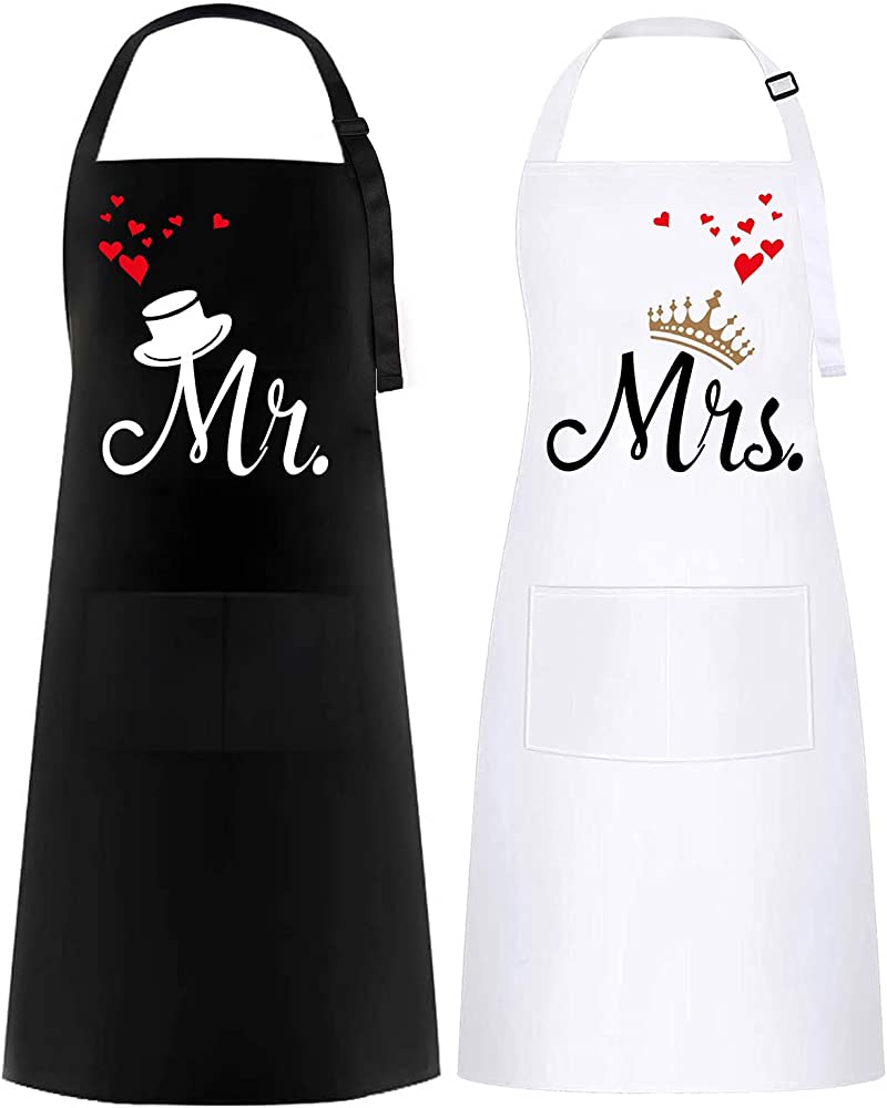 Photo 1 of 2 PCS Mr. & Mrs. Couple Aprons Set, Wedding Gift for Couple, Kitchen Waterproof Aprons, Apron for Women and Men, Perfect for Engagement, Anniversary, Valentine’s Day (White& Black)
