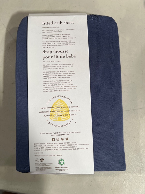 Photo 2 of Burt's Bees Baby - Fitted Crib Sheet, Solid Color 100% Organic Cotton Crib Sheet for Standard Crib and Toddler Mattresses (Indigo Blue)28" x 52" (Pack of 1) Indigo Blue Crib Sheet