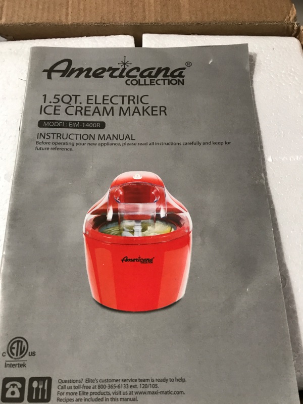 Photo 2 of Americana EIM-1400R 1.5 Qt Freezer Bowl Automatic Easy Homemade Electric Ice Cream Maker, Ingredient Chute, On/Off Switch, No Salt Needed, Creamy Ice Cream, Gelato, Frozen Yogurt, Sorbet, Recipe Book 1.5 Quart Red