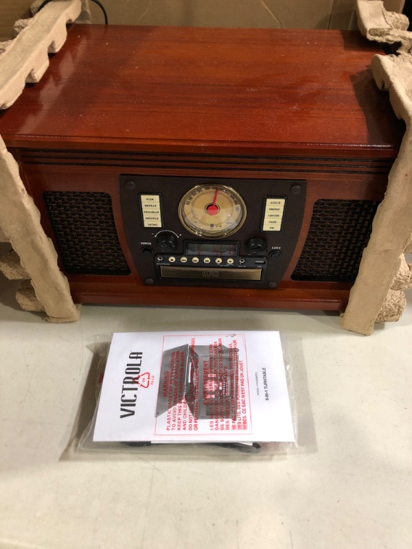 Photo 2 of Victrola Navigator 8-in-1 Classic Bluetooth Record Player with USB Encoding and 3-Speed Turntable Bundle, Mahogany