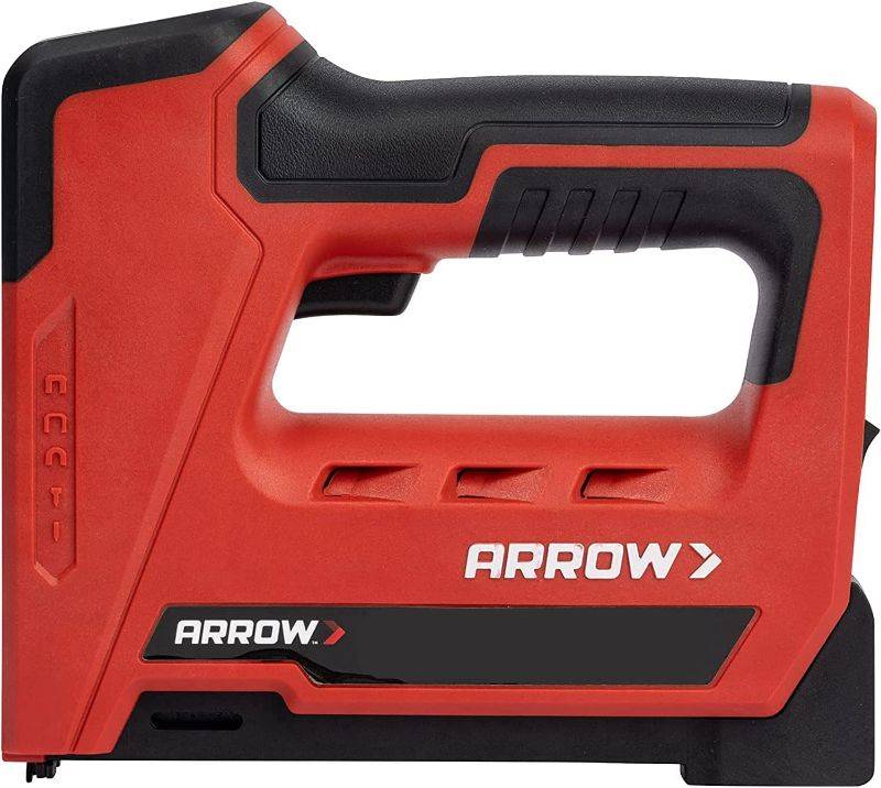 Photo 2 of Arrow ET501C Cordless 5-In-1 Professional Staple and Nail Gun, Battery Powered Wire Stapler and Brad Nailer for Upholstery, Framing, Roofing, Crafts, Fencing, Cable, Black/Red