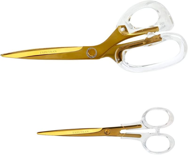 Photo 1 of EXPUTRAN Acrylic Scissors, 9 inch and 7inch Set, Clear and Gold-Toned Scissors for Left and Right Hand, Craft Scissors,Gold Office Supplies and Accessories