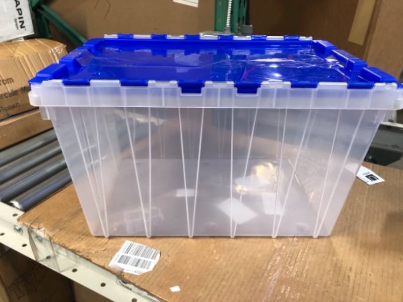 Photo 3 of Akro-Mils 66486 12-Gallon Plastic Stackable Storage Keepbox Tote Container with Attached Hinged Lid, 21-1/2-Inch x 15-Inch x 12-1/2-Inch, Clear/Blue Clear/Blue Keep Box