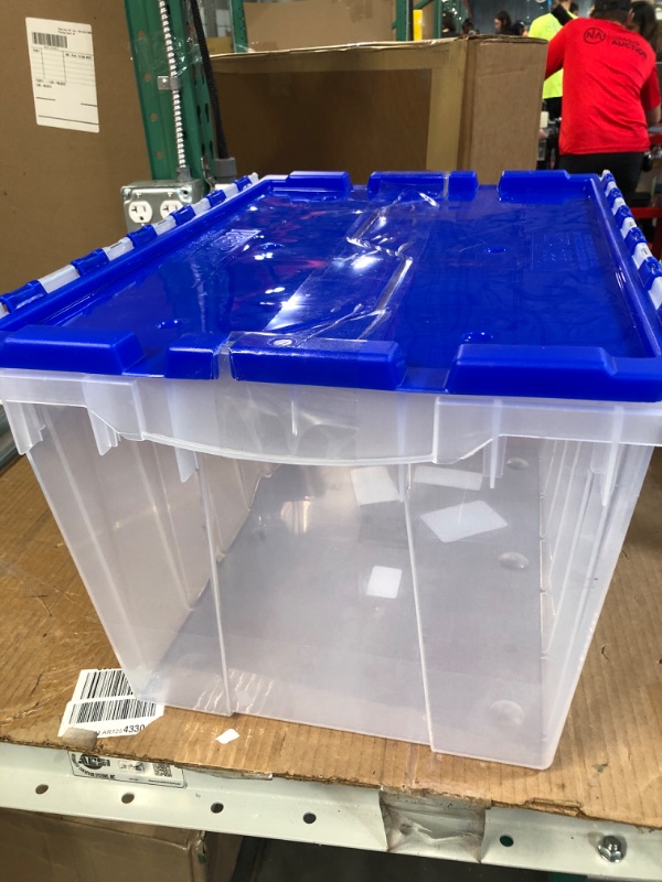 Photo 2 of Akro-Mils 66486 12-Gallon Plastic Stackable Storage Keepbox Tote Container with Attached Hinged Lid, 21-1/2-Inch x 15-Inch x 12-1/2-Inch, Clear/Blue Clear/Blue Keep Box