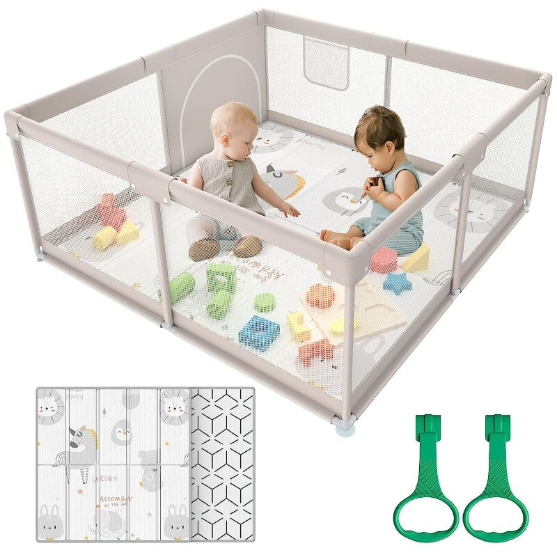 Photo 1 of ZEEBABA Baby Playpen with Mat, 47x47inch Playpen, Playpen for Babies and Toddlers, Small Baby Play Pens, Large Playpen for Toddler, Play Yard for Infants with 47" Play Mat, Playard with Gate