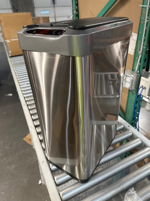 Photo 2 of ***DAMAGED*** EKO Phantom-T 50 Liter / 13.2 Gallon Vertical Motion Sensor Trash Can, Brushed Stainless Steel Finish 50 Liter Vertical