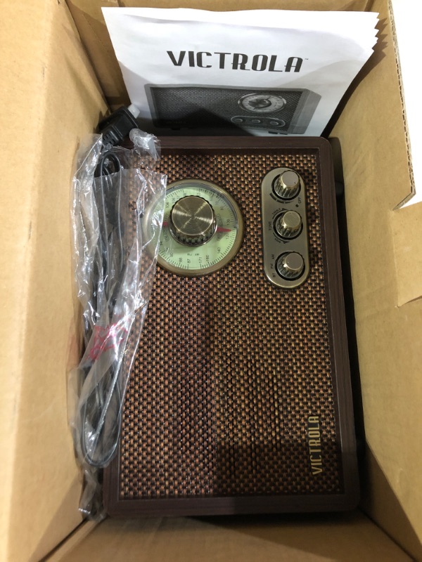 Photo 3 of Victrola Retro Wood Bluetooth Radio with Built-in Speakers, Elegant & Vintage Design, Rotary AM/FM Tuning Dial, Wireless Streaming, Walnut