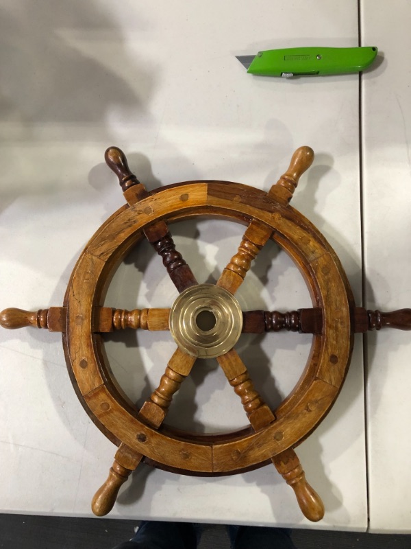 Photo 2 of 15.5" Captain Ship Steering Wheel Handcrafted Wood w/ Brass Nautical Wall Decor