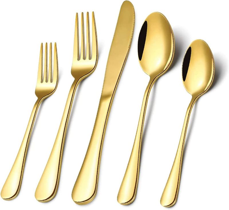 Photo 1 of Gold Silverware Flatware Set for 8, 40 Piece Stainless Steel Cutlery Set With Titanium Golden Plated, Tableware Kitchen Utensil Include Spoons, Forks, Knives, Mirror Polished, Dishwasher Safe