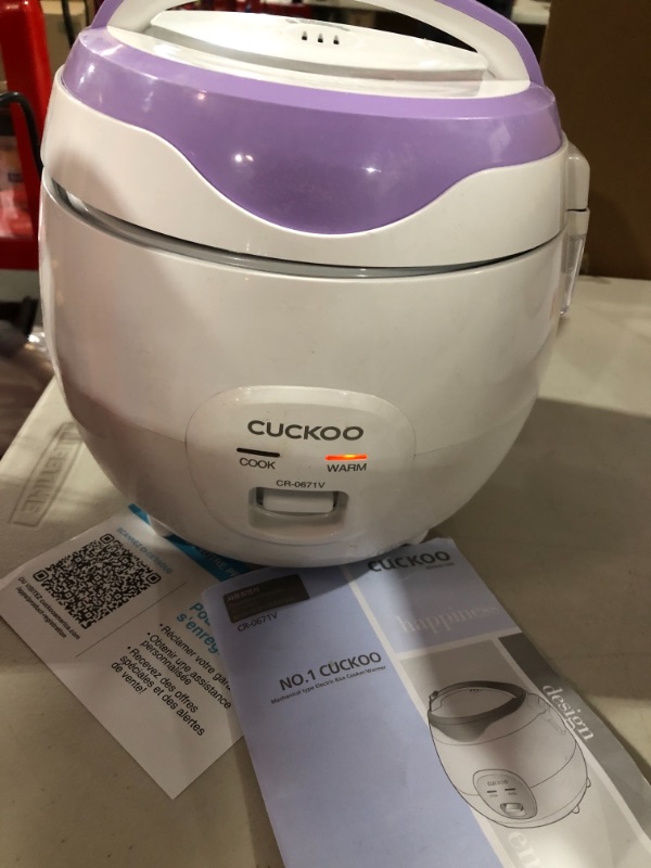 Photo 2 of !!!SEE CLERK NOTES!!!
Cuckoo CR-0671V Rice Cooker and Warmer, Nonstick Inner Pot, 3 Liters / 3.2 Quarts Violet/White