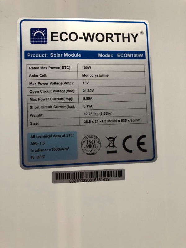 Photo 2 of *SEE NOTES* ECO-WORTHY 100 Watt Solar Panel 12 Volt Monocrystalline Solar Panel High Efficiency Module RV Marine Boat Caravan Off Grid 100W