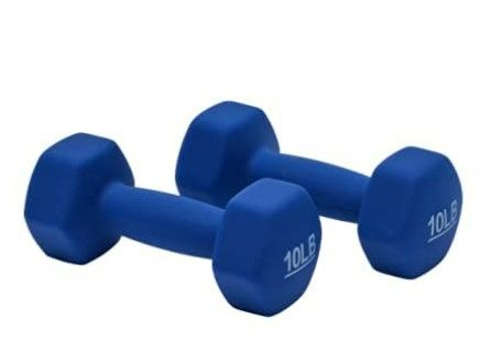 Photo 1 of Amazon Basics Neoprene Coated Dumbbell Hand Weight Set, 10-Pound, Set of 2, Navy Blue & Vinyl Kettlebell - 15 Pounds, Pink