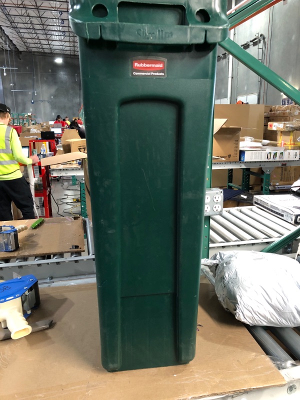 Photo 2 of (Beat Up) Rubbermaid Slim Jim Receptacle with Venting Channels, Rectangular, Plastic, 23 gal, Dark Green