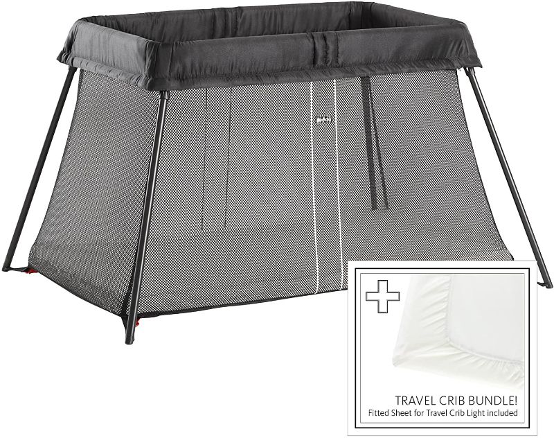 Photo 1 of BabyBjörn Travel Crib Light + Fitted Sheet Bundle Pack, Black,