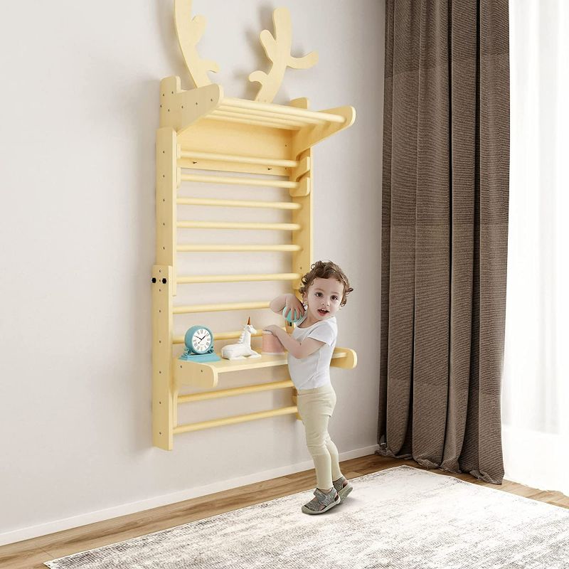 Photo 1 of BanaSuper Wooden Swedish Ladder Wall Set with Table Top Deer Stall Bars Set for Whole Family Triangle Climber for Kids Gymnastic Wall Gym Climbing Play Structure Indoor Jungle Gym Playground
