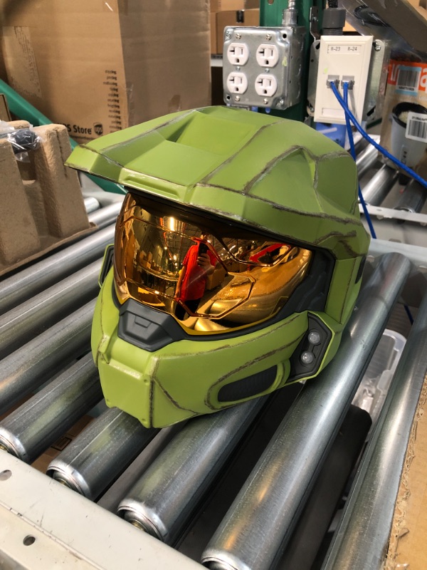 Photo 2 of HALO Master Chief Deluxe Helmet with Stand - LED Lights on Each Side - Battle Damaged Paint - One Size Fits Most - Green