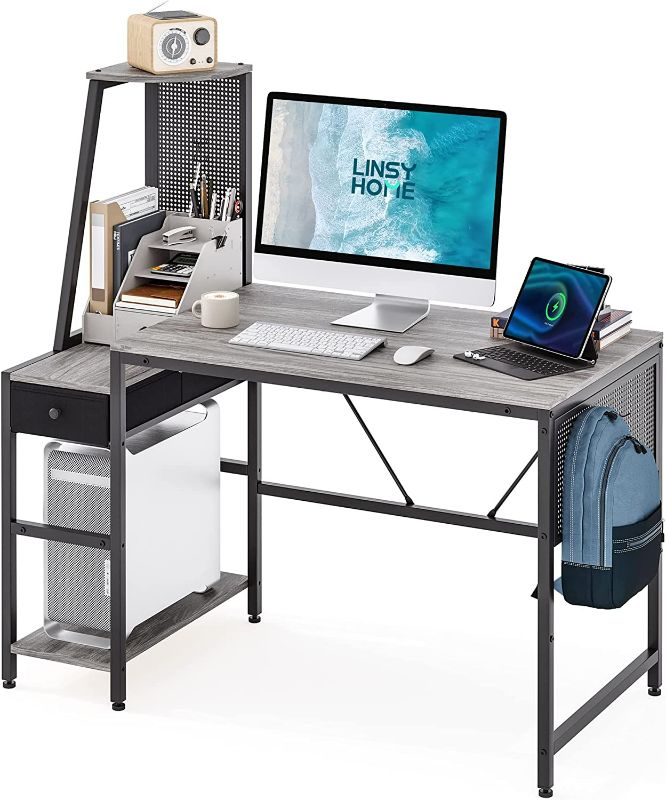 Photo 1 of LINSY HOME Computer Desk 47”, Home Office Desk with Storage Shelvess, Oak Grey
