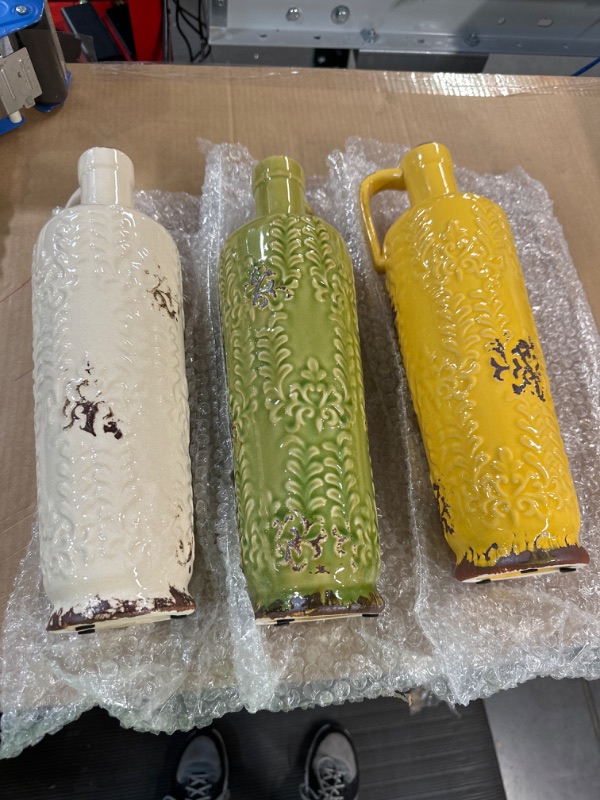 Photo 2 of 14 in. Ceramic Decorative Vase in Distressed Green, Ivory and Yellow (Set of 3)