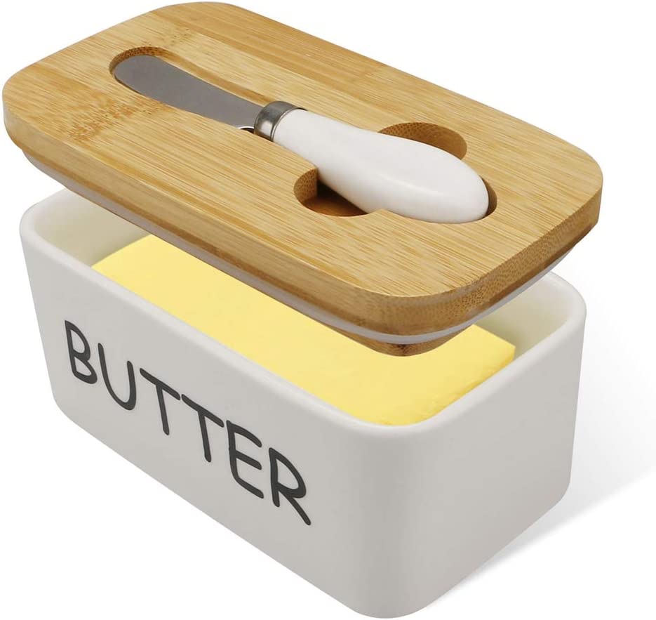 Photo 1 of *SEE NOTES* Porcelain Butter Dish with Bamboo Lid and Knife Airtight Silicone Sealing Butter Container is Good for Kitchen, Baking and Gift
