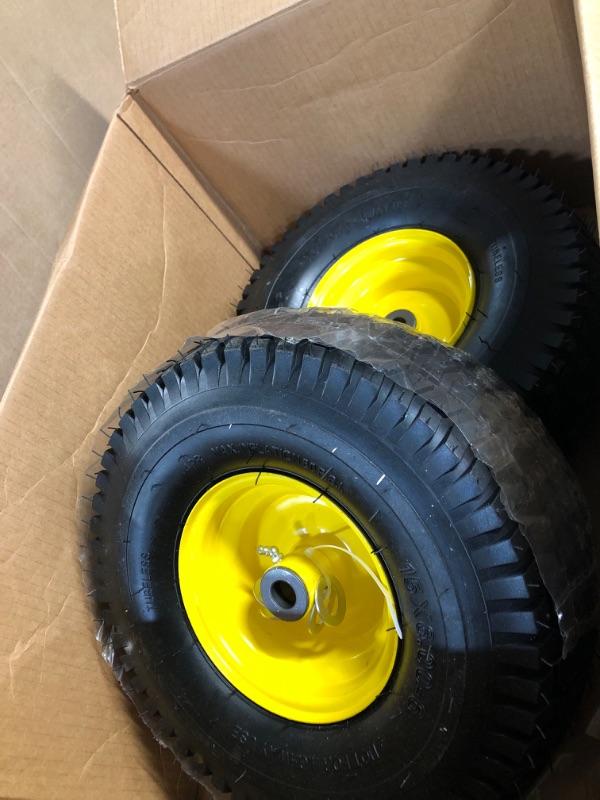 Photo 2 of (2 Pack) AR-PRO Exact Replacement 15" x 6.00 - 6" Front Tire and Wheel Assemblies for John Deere Riding Mowers3”  Yellow