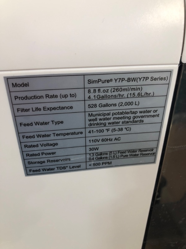 Photo 3 of (USED) SimPure Y7P-BW UV Countertop Reverse Osmosis Water Filtration Purification System, BPA Free (No Installation Required)