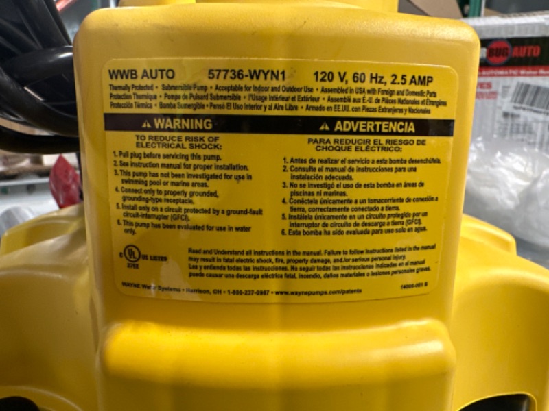 Photo 3 of **SEE NOTES** Wayne 57736-WYN1 WWB Waterbug 1/4 HP Auto On/Off Water Removal Tool, Yellow, 1900 GPH