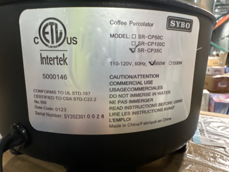 Photo 1 of ***SEE NOTES*** SYBO SR-CP35C Commercial Grade Stainless Steel Percolate Coffee Maker, 30-Cup Capacity, 3.5 L, Silver