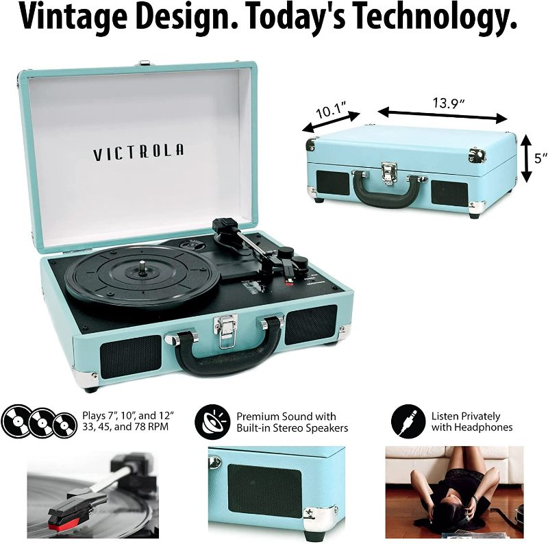 Photo 4 of *SEE NOTES* Victrola Journey+ Bluetooth Suitcase Record Player, Turquoise 