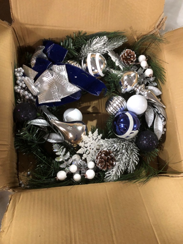 Photo 2 of Adeeing 24 Inch Christmas Wreath, Blue Silver Christmas Wreaths for Front Door with 20 LED Lights, Prelit Christmas Wreath with Ball Ornaments Pine Cone for Fireplace Window Indoor Outdoor Decoration Blue Silver 24 Inch