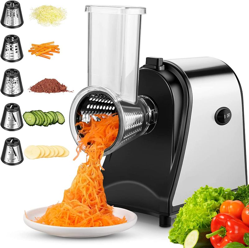 Photo 1 of **SEE NOTES**
Homdox Electric Cheese Grater, Electric Slicer Shredder, 250W Salad Maker Electric Grater/Shooter with 5 Free Attachments