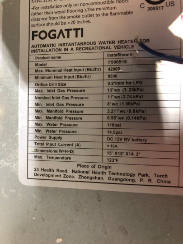 Photo 3 of ***UNTESTED - HEAVILY USED - SEE NOTES***
FOGATTI RV Tankless Water Heater, 2.2 GPM