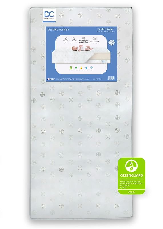 Photo 1 of Delta Children Twinkle Galaxy Dual Sided Crib and Toddler Mattress - Premium Sustainably Sourced Fiber Core - Waterproof - GREENGUARD Gold Certified (Non-Toxic)
