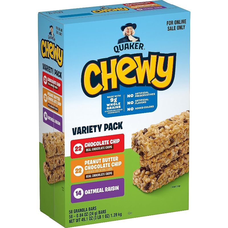 Photo 1 of **best by: Sept. 15, 2023
Quaker Chewy Granola Bars, 3 Flavor Variety Pack,58 Count (Pack of 1)
