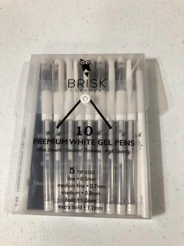 Photo 2 of BriskLearner 5 White Gel Pen - 5 Tip Sizes 0.5, 0.7, 0.8, 1.0, 1.2mm for Maximum Opacity Control - Graffiti Ink White Pen for Artists, White Ink Pen - Free White Pencil 5 Count (Pack of 1)