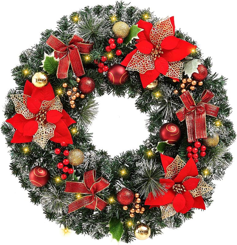 Photo 1 of 22 Inch Pre-lit Christmas Wreath Decoration, Traditional Red and Gold, Lighted Xmas Wreaths with Poinsettia, Ribbon, Berries, Ball Ornaments, Battery Operated 20 LED Lights, for Home Indoor/Outdoor
