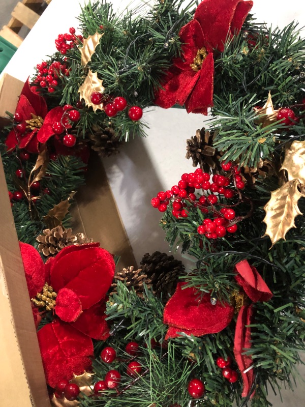 Photo 2 of 22 Inch Pre-lit Christmas Wreath Decoration, Traditional Red and Gold, Lighted Xmas Wreaths with Poinsettia, Ribbon, Berries, Ball Ornaments, Battery Operated 20 LED Lights, for Home Indoor/Outdoor
