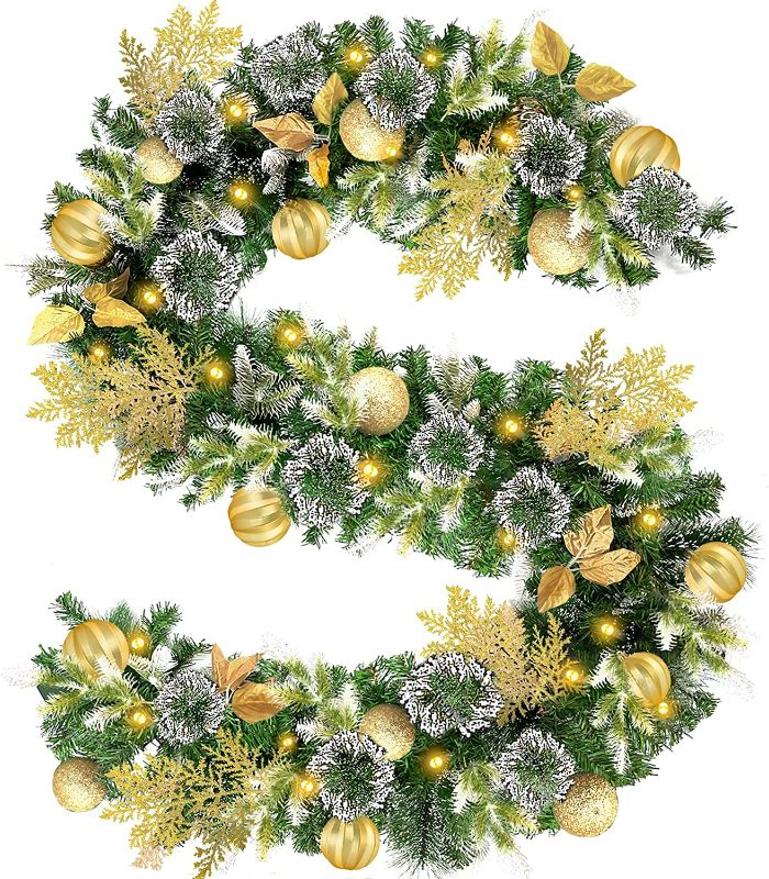 Photo 1 of 9Ft Prelit Gold Christmas Garland with 100 Warm Light 16 Golden Balls 6 Cypress Leaves Timer & 8 Mode Thick 300 Snowy Bristle 15 Life-Like Tips Battery Operated Xmas Garland Decor Holiday Outdoor Warm White