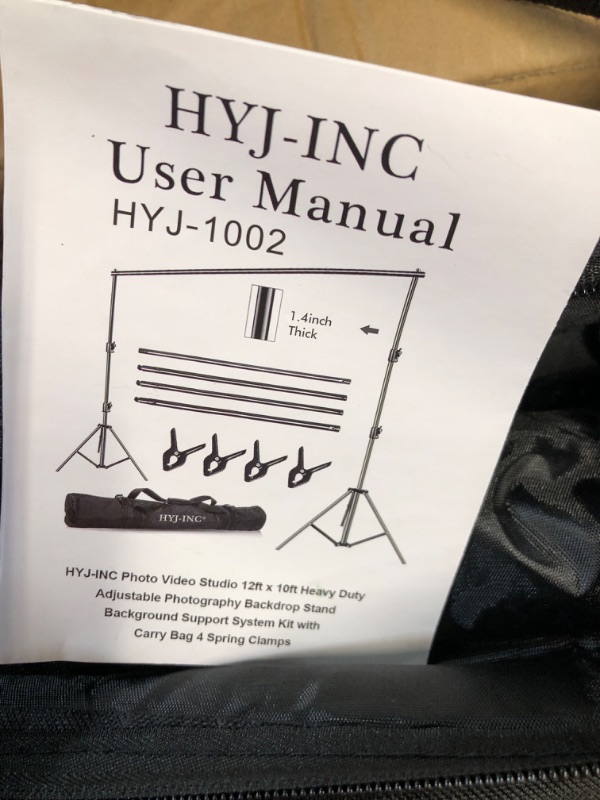 Photo 2 of HYJ-INC 12ft x 10ft Photo Video Studio Heavy Duty Adjustable Photography Muslin Backdrop Stand Background Support System Kit with Carry Bag 4 Spring Clamps