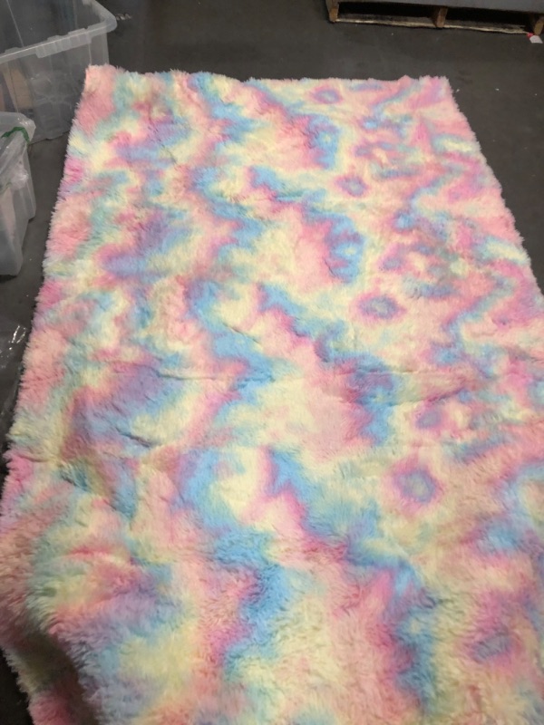 Photo 2 of QXKAKA Fluffy Kids Rugs for Bedroom Girls Rainbow Rug, Pastel Tie-dye Shag Area Rug Fuzzy Carpet, 4X6 Non-Slip 